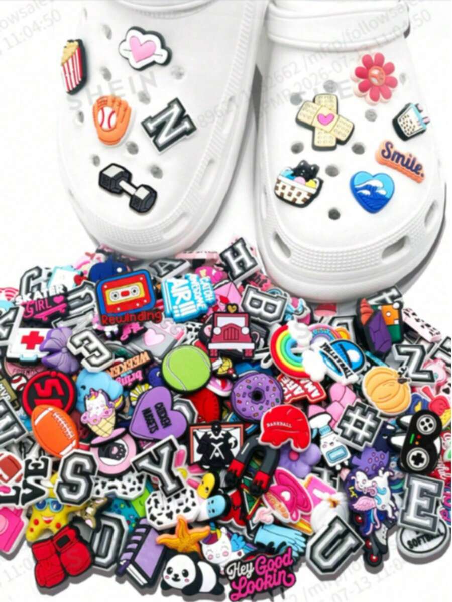 Random Series 10/30/50/100 Pcs DIY Shoe Charms, For Keychains, Sandals, Beach Bags, Etc., PVC Material, For Clogs, Etc. - Multicolor - View 1