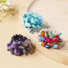 1PC Synthetic Chip Flower Stretch Ring, Handmade Beaded Floral Cluster Elastic Ring, Boho Stackable Cocktail Jewelry Gift - Stackable Crushed Stone Ring - View 7