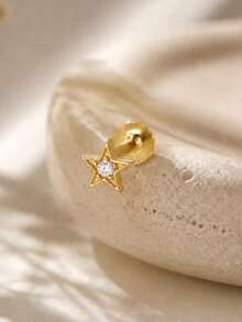 1Pc 925 Sterling Silver Earrings For Women Classic Hypoallergenic Star Stud Earring Flat Back Helix Cartilage For Daily Wear Wedding Engagement - Gold - View 3