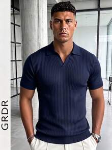 Suéter de punto de manga corta de unicolor para hombres GRDR, de moda para el verano - Azul Marino - Ver 4