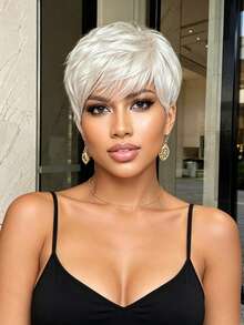 8 Inch Natural Black Pixie Short Bob Wig With Bangs, Heat-Resistant Synthetic Fiber, Breathable Adjustable Mesh Cap, Suitable For Daily Wear, Office, Date, Halloween Party - White - View 2