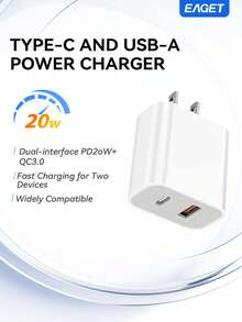 EAGET Củ sạc 20W 2 cổng USB-A QC3.0 + USB-C PD sạc nhanh, sạc đồng thời 2 thiết bị cho điện thoại và máy tính bảng - trắng - Xem 1