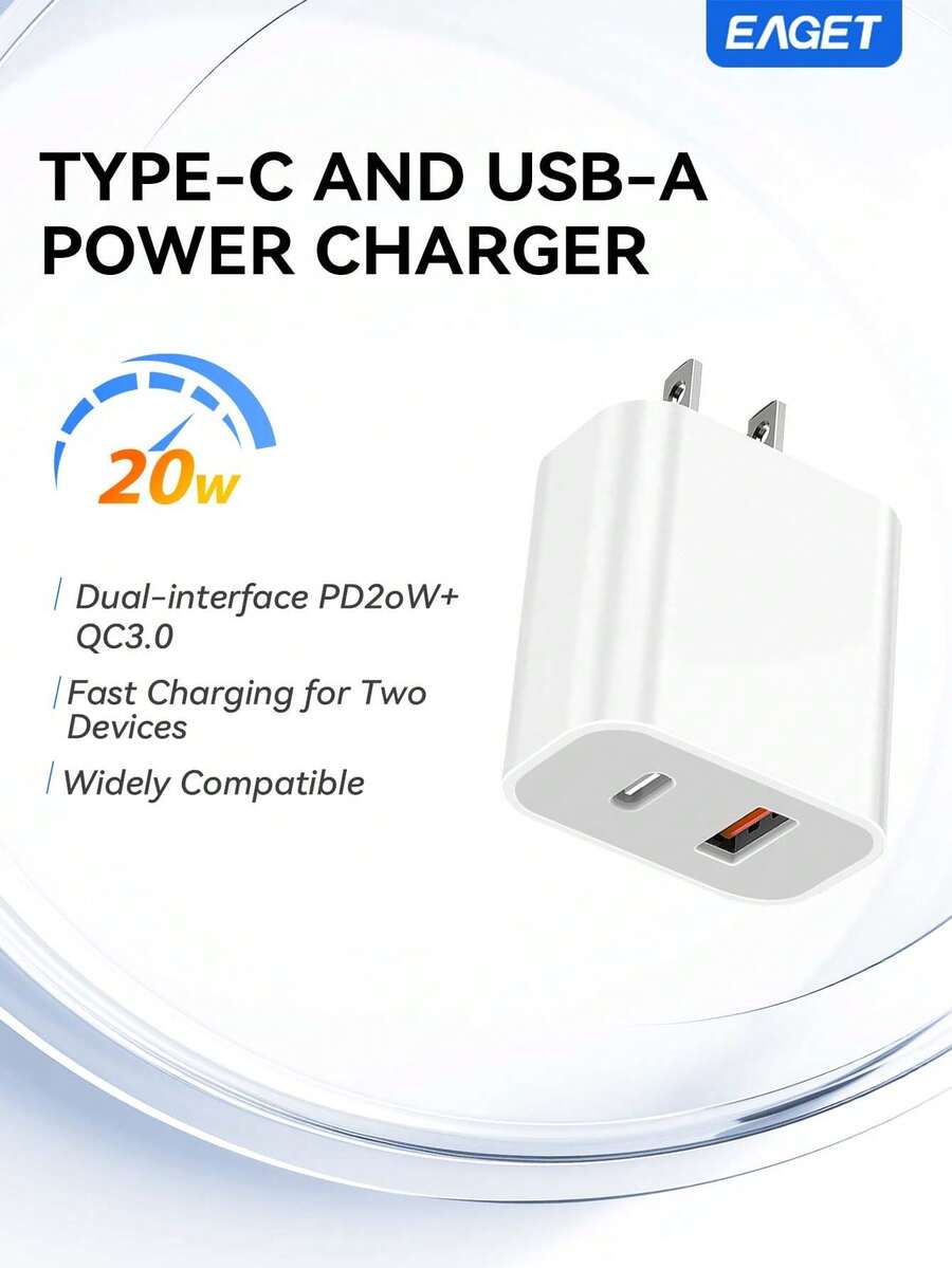 EAGET Củ sạc 20W 2 cổng USB-A QC3.0 + USB-C PD sạc nhanh, sạc đồng thời 2 thiết bị cho điện thoại và máy tính bảng - trắng - Xem 1