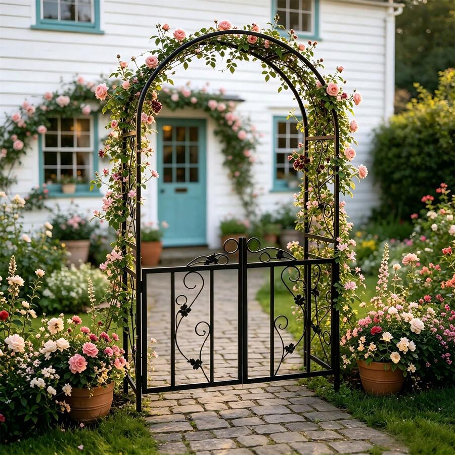 Heavy Duty Garden Arch With Gate, Iron Trellis For Climbing Roses ...