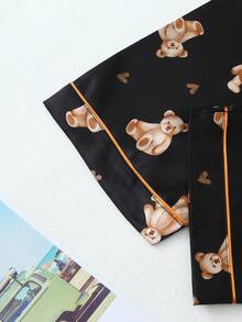Women's Heart Bear Print Satin Long Sleeve Pants Pajama Set - Black - View 7