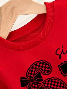 Young Girl Cartoon Print Crew Neck Long Sleeve Sweatshirt And Skirt - Red - View 4
