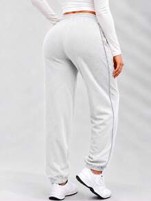 Calça de Moletom Feminina de Cor Sólida - Calça Casual Feminina, Estilo Outono/Inverno, Roupa Esportiva Essencial de Outono/Inverno - Cinza - Visão 7