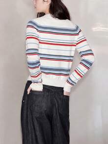 Women's Autumn/Winter Minimalist Casual Colorful Striped Crew Neck Pullover Sweater Knit Top White Fall - White - View 2