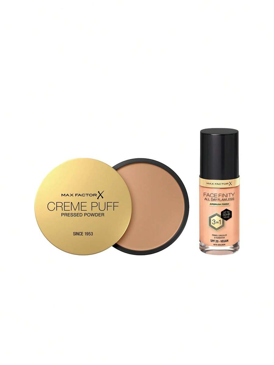 Max Factor [Bundle] Creme Puff Powder Compact 05 Translucent 14 G + Facefinity All Day Flawless 3 In 1 Vegan Foundation N75 Golden 30 Ml - 05 Translucent+N75 Golden - View 1
