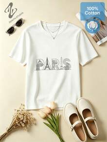 PARIS Minimalist Line Art City Print Cotton Short Sleeve T-Shirt For Travel - 白色 - 查看 3