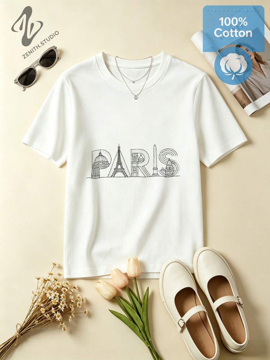 PARIS Minimalist Line Art City Print Cotton Short Sleeve T-Shirt For Travel - White - View 1