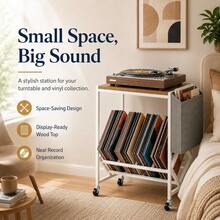 Rolling Record Player Stand With Vinyl Storage For 130 Albums, 2-Tier Turntable Table With Lockable Wheels, Metal Frame And Side Magazine Holder, White - Natural & White - View 1
