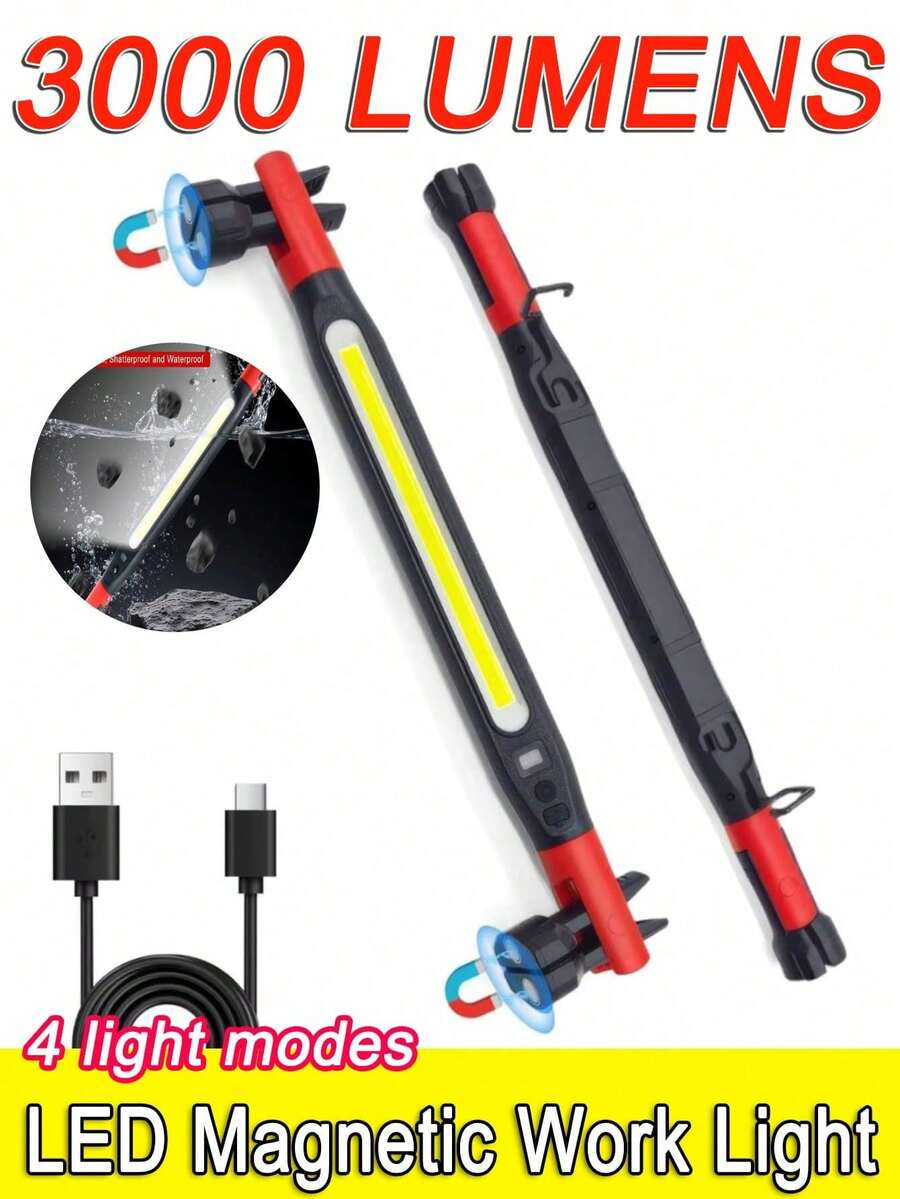 1 pieza Luz de trabajo LED magnética de 3000LM, Luz de trabajo recargable para mecánicos con 4 modos de luz, Luz de inspección bajo el capó resistente al agua y a prueba de roturas, Gancho y imán giratorio 360°, Carga Tipo-C Linterna de emergencia para reparación de automóviles - Lámpara de inspección magnética - Ver 1