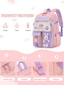 Juego de 3 piezas de mochila de campus con estampado de conejo de moda, diseño de puerta de refrigerador, portavasos lateral, regalo de vuelta a la escuela - Multicolor - Ver 7