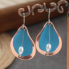 Bohemian Water Drop Dangle Earrings, Rose Gold Frame With Sky Blue Oil Drop And Floating Pearl, Lightweight And Comfortable, Suitable For Summer Outfits, Beach Vacation, Travel - Silver - View 7