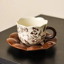 Vintage Floral & Bird Ceramic Teacup And Saucer Set, Luxury Retro Coffee Cup, Aesthetic Afternoon Tea Milk Mug, Elegant Home Cafe Decor, Gift For Her - Country Lily Coffee Cup and Saucer - Brown - View 9