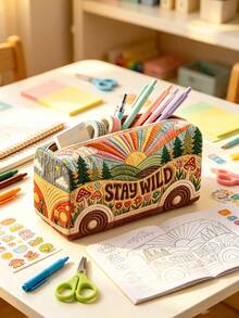 Campus Style 2D Flower Bus Pattern Pencil Case/Stationery Storage Bag - Multi-Functional Large Capacity Design, Can Be Used To Store Office Supplies, Creative Multi-Purpose Pen Box Or Portable Travel Makeup Bag, Suitable For Students And Adults Daily Use, Meets Stationery Storage, Daily Organization, Overnight Travel, Vacation And Gym Storage Needs, Back To School Dorm Essential (2D Pattern, Not Embroidered) - Multicolor - View 1