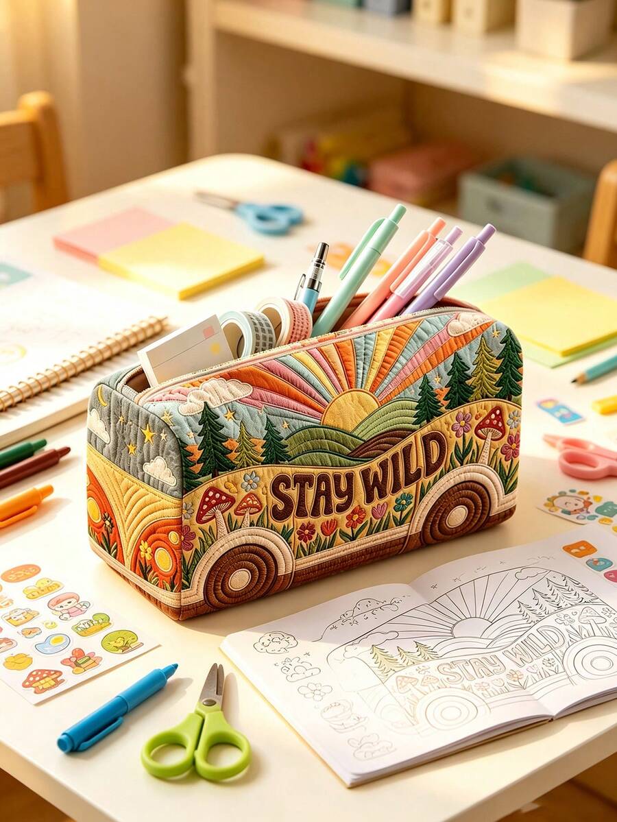 Campus Style 2D Flower Bus Pattern Pencil Case/Stationery Storage Bag - Multi-Functional Large Capacity Design, Can Be Used To Store Office Supplies, Creative Multi-Purpose Pen Box Or Portable Travel Makeup Bag, Suitable For Students And Adults Daily Use, Meets Stationery Storage, Daily Organization, Overnight Travel, Vacation And Gym Storage Needs, Back To School Dorm Essential (2D Pattern, Not Embroidered) - Multicolor - View 1