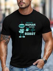 Plus-Size Men's T-Shirt, Simple And Stylish, Relaxed And Casual, Men's "THIS IS MY HUMAN COSTUME I' REALLY A ROBOT" Graphic Summer Casual Crew Neck Sh - Black - View 5