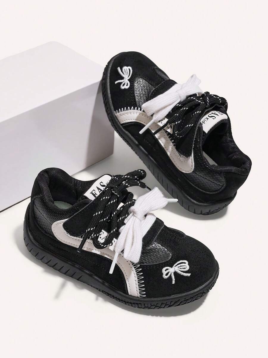 Bow Embroidery Kids' Sports Shoes, Colorblock Dual Laces & Hook And Loop Casual Training Sneakers - Black - View 1