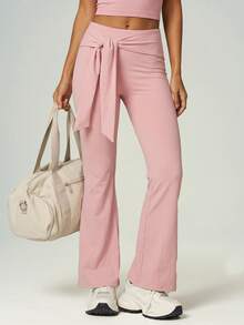 UONNOU Women Wrap Tie High Waist Flare Leg Workout Pants Slim Fit Yoga Trousers - Pink - View 9
