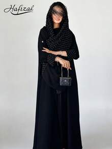 Hafizah 黑色波點拼接長版開襟外套，紅色飾邊點綴，垂墜修身優雅女款長袍，秋季穿搭 - 黑色 - 查看 1