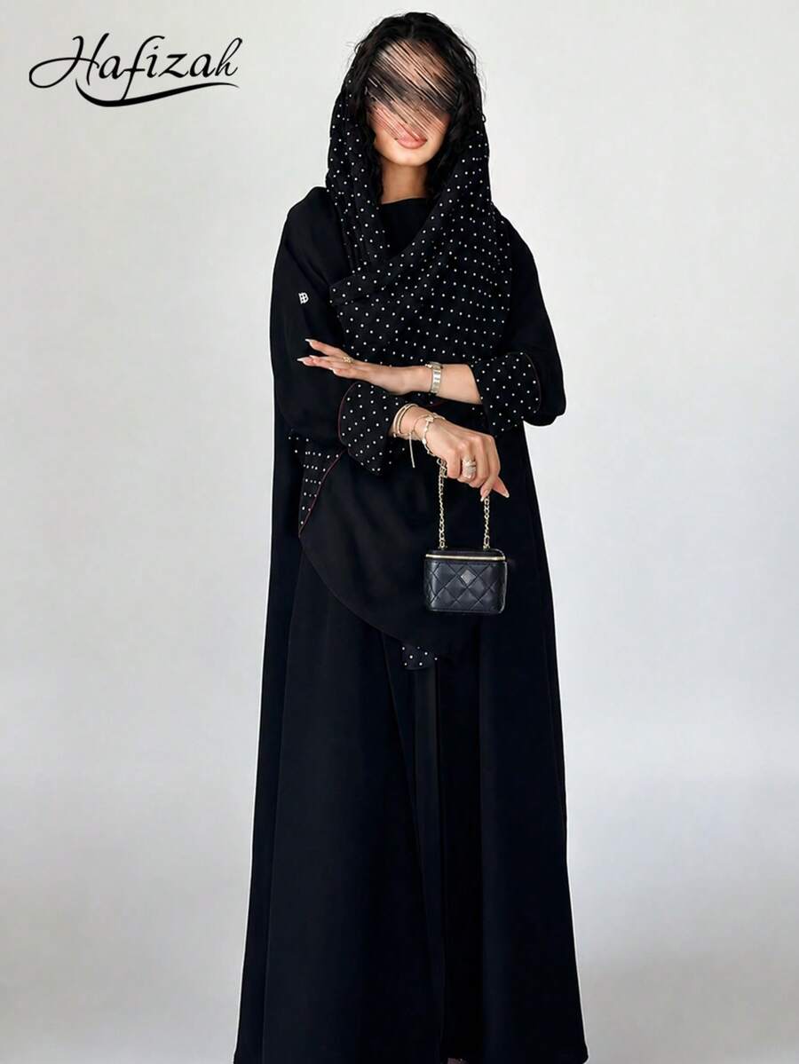 Hafizah 黑色波點拼接長版開襟外套,紅色飾邊點綴,垂墜修身優雅女款長袍,秋季穿搭 - 黑色 - 查看 1