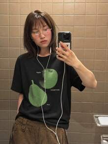 街頭風復古灰色寬鬆垂墜修身綠色紮染水果印花短袖T恤休閒黑色夏季 - 黑色 - 查看 1