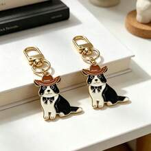Cartoon Cowboy Puppy Single Pendant Keychain, Cute Border Collie Enamel Key Chain Wearing Cowboy Hat And Bowtie, Compact Holiday Commemorative Gift For Pet Lovers, Western Style Wallet Accessory, Party Favor For Animal Lovers - Multicolor - View 6
