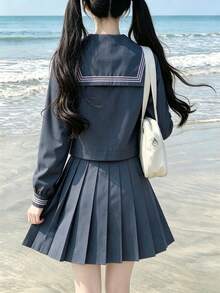 1件裝可愛校園JK制服套裝，附領結，女款校園風水手JK制服，灰色粉色長袖百褶裙，秋季款 - 灰色 - 查看 5