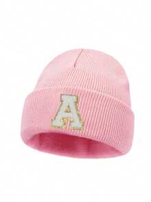1PC Children's Knitted Hat With 26 Letters Pattern, Solid Color Knitted Caps, Children Hats For Girls, Warm Beanies For Outdoor, Autumn/Winter - Pink - View 6