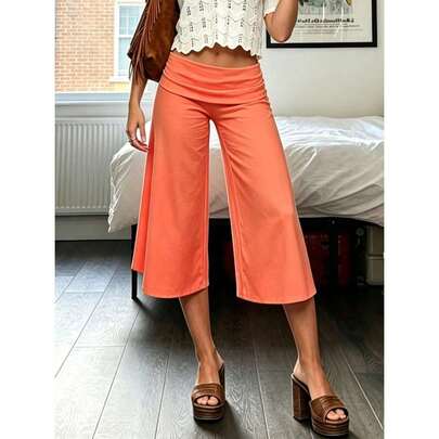 Women 'S Fold Over Lounge Capris Wide Leg Low Rise Cropped Gaucho Pants Solid C…