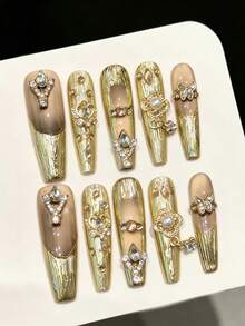 10 Stück handgefertigte extra lange Sarg-förmige Nagelspitzen, exquisite Kunstnägel, luxuriöse Vintage-Gold-Strass- & Zirkonia-verzierte aufwendig handgefertigte Press-On-Nägel, eleganter Luxusstil für Frauen - Mokka-Braun - Übersicht 2