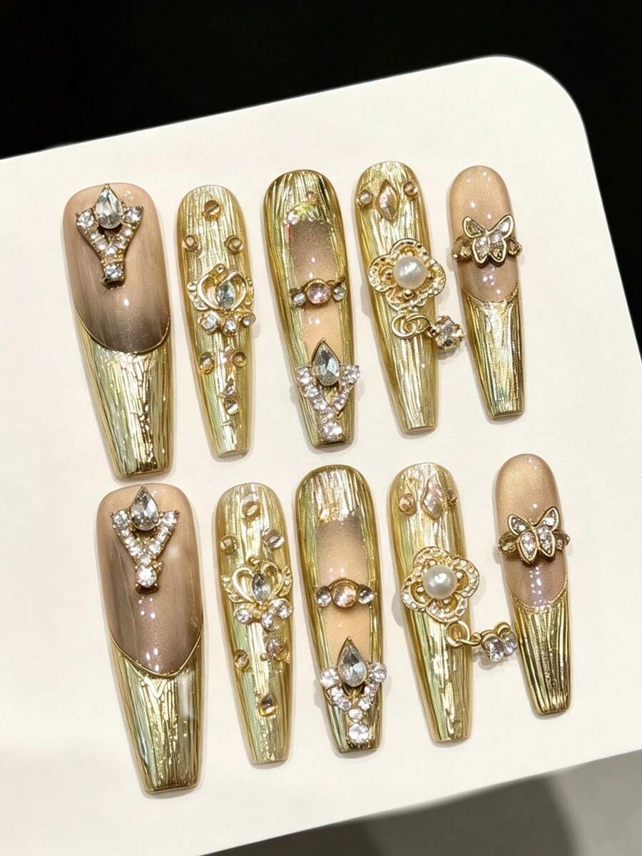 10 Stück handgefertigte extra lange Sarg-förmige Nagelspitzen, exquisite Kunstnägel, luxuriöse Vintage-Gold-Strass- & Zirkonia-verzierte aufwendig handgefertigte Press-On-Nägel, eleganter Luxusstil für Frauen