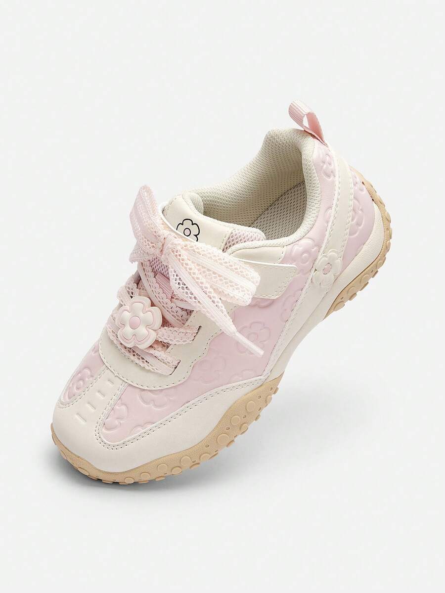 Balabala Sepatu Lari Gaya Balet untuk Anak Perempuan, Detail Renda, Sepatu Sneaker Latihan Ringan dan Bernapas, Gaya Manis - putih merah - View 1