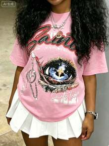 Cotton Clothes Y2K-Inspired Letter Print T-Shirt,Casual Crew Neck Short Sleeve, Perfect For Spring Summer Fall, Fashion Streetwear Unisex, Graphic Tee - 粉色 - 查看 3