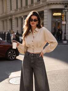 PEONY Damen Herbst elegantes lässiges minimalistisches Pendler einfarbiges Khaki Hemd mit Knopfleiste, geeignet für tägliches Tragen, Büro, Arbeitsweg, Outdoor, Straße, lässiger Urlaub, Schulanfang, Party, Feiertag, Geburtstagsparty - Aprikosenfarben - Übersicht 12