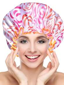 1pc Extra Large Women's Black & White Shower Cap, Double Layer PEVA Hair Cap, Shower Accessories - View 7
