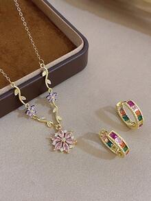 Elegant Luxury Flower Zirconia Chain Necklace Earrings Set For Women Golden Chain And Hoops Earrings For Birthday Valentine's Day Party Jewelry Gifts - Multicolor - View 2