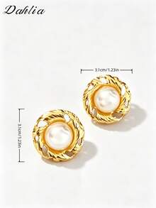 1 Pair Gold Stainless Steel Faux Pearl Stud Earrings, Exaggerated Round Fashion Elegant Personalized Earrings, Suitable For Women's Daily Wear, Halloween, Women's Jewelry - Gold - View 4