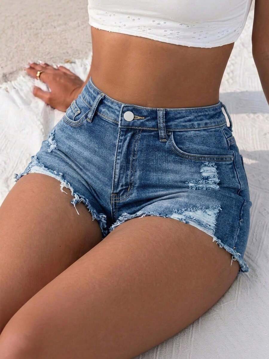 Denim Girl 套裝 夏季彈性牛仔短褲 音樂節時尚 性感破洞修身海灘短褲 毛邊下擺 休閒款 - 中等水洗藍 - 查看 1