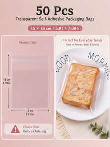 50/100pcs Transparent PP Self-Adhesive Cookie Bags, Mini Resealable Snack Candy Packaging Bags Suitable For Baked Foods, Size 5.5x5.5/7x7/10x10/14x14/15x18cm - Multicolor - View 21