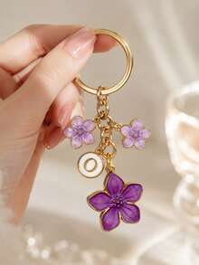 1pc Purple Floral Metal Keychain With Oil Drip Effect, Cute 5-Petal Flower Bag Charm, Student Back To School Gift, Car Accessory Pendant, Key Chain For Teachers, Moms, Friends Birthday Gift, Floral Jewelry, Back To School Gift, Halloween Gift - Purple - View 8