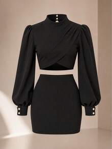 Women's Tailored Set Cropped Long Puff Sleeve And Short Skirt Elegant Party Fashion Autumn Winter - 黑色 - 查看 4