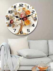 2D Flat. 1pc. Golden Floral Tree Themed Wooden Wall Clock, Silent Decorative Clock, Creative Wall Clock, Suitable For Decorating Bedrooms, Living Rooms, And Offices, Available In 10/12 Inches (Batteries Not Included) - Multicolor - View 8