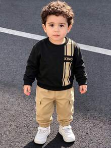 Baby Boy Spring/Autumn 2-Piece Set, Letter & Stripe Print Knit Crew Neck Long Sleeve Top + Solid Color Woven Cargo Style Jogger Pants, Suitable For 9 Months To 3 Years Old - Khaki - View 2