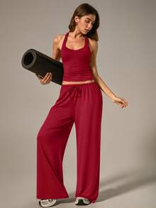 NcmRyu Setelan Olahraga Wanita 1 Set: Atasan Tank Top Camisole dengan Tali Serut dan Saku, Celana Panjang Lebar - Merah - View 3