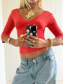 Womens Surplice Wrap Deep V 3/4 Sleeve Crop Top, Side Ruched Stretch Slim Y2K Layering Going Out Blouse - Red - View 3