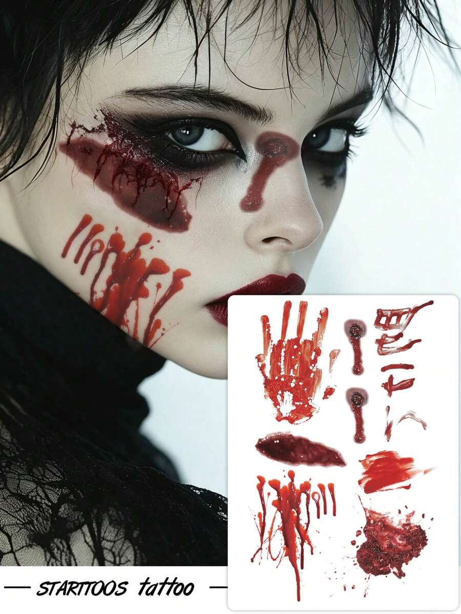 1 st realistisk blodig handavtrycks- och sårmönster-tatuering för ansikte, axel och nacke, vattentät tillfällig tatueringsklistermärke, Halloween-maskeradpresent - Röd - Visa 1