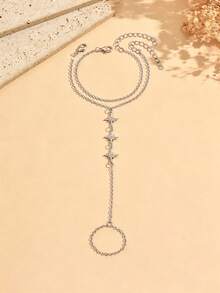 Bộ 2 chiếc vòng tay ngón nối liền phong cách tối giản cổ điển màu bạc, đính đá rhinestone lấp lánh hình ngôi sao, trang sức tay thời trang nữ phù hợp đeo hàng ngày và dự tiệc - Bạc - Xem 2